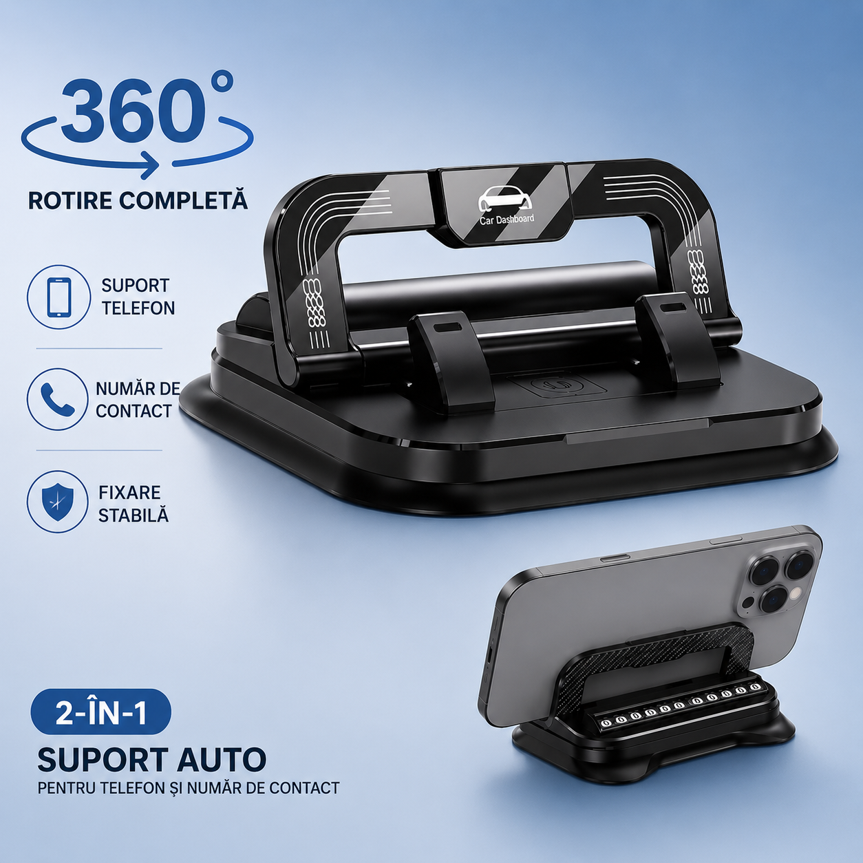 Suport Auto 360° 2-în-1 pentru Telefon și Număr de Contact